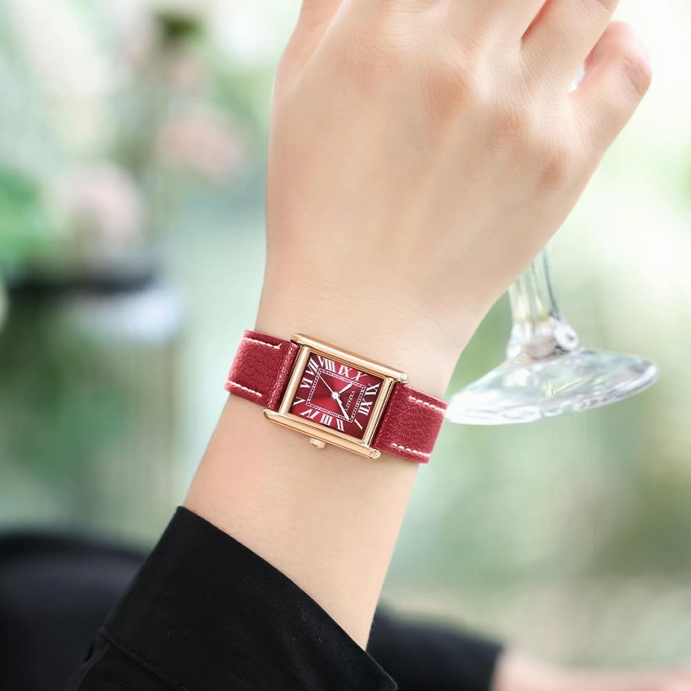Rectangular Watch for Women with Vintage Roman Number and Leather Strap