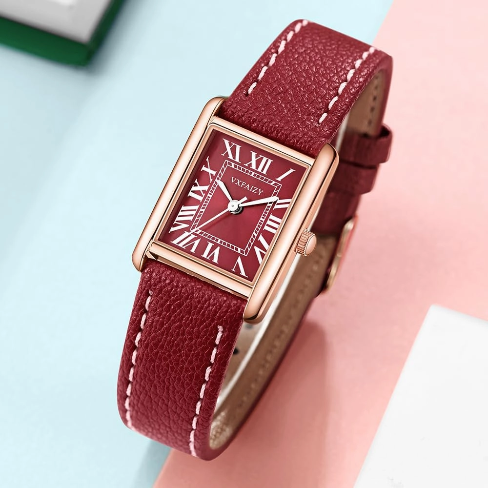 Rectangular Watch for Women with Vintage Roman Number and Leather Strap