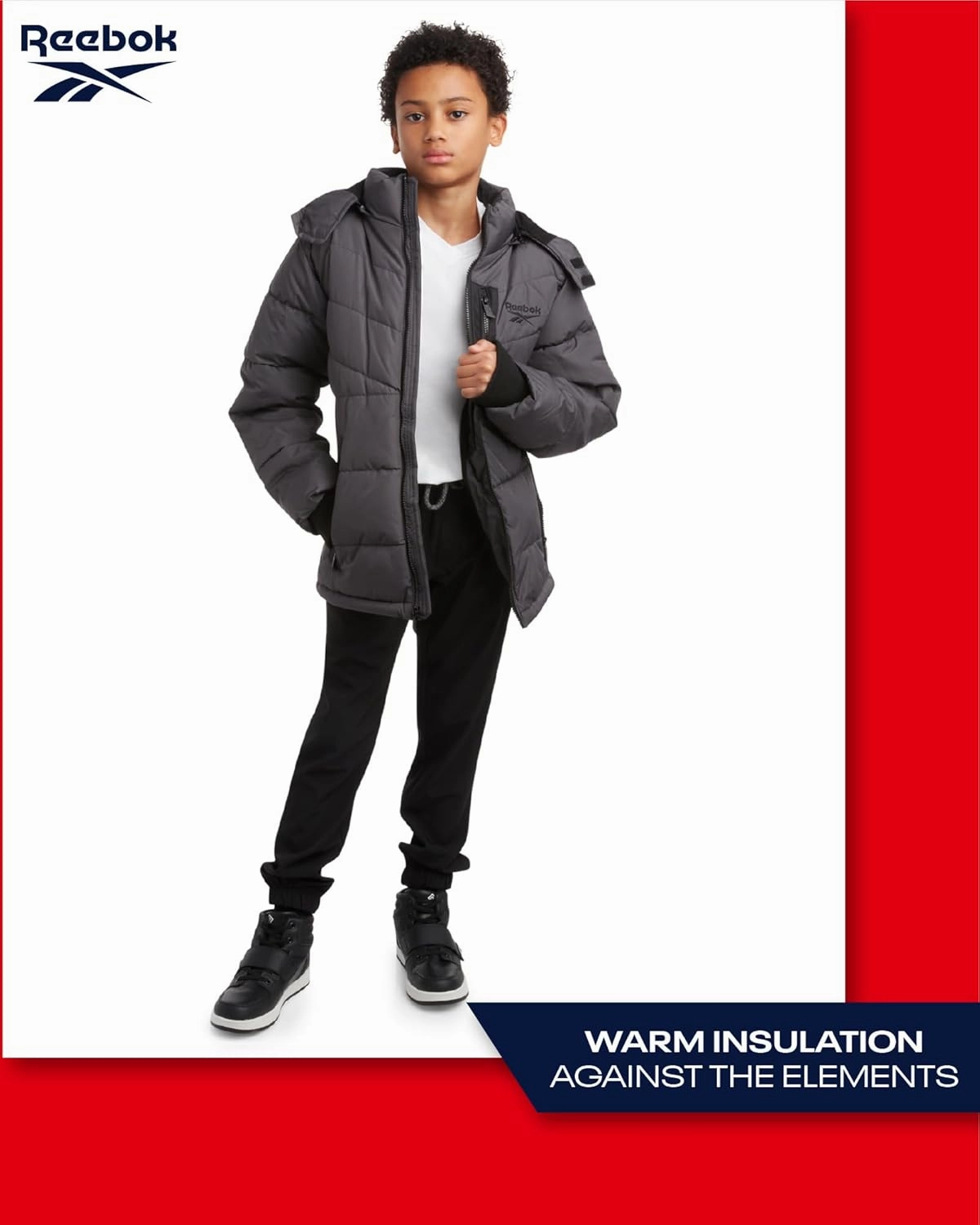 Reebok Boys Puffer Jacket - Heavyweight Weather Resistant Quilted Jacket for Boys - Fleece Insulated Winter Jackets with Hood