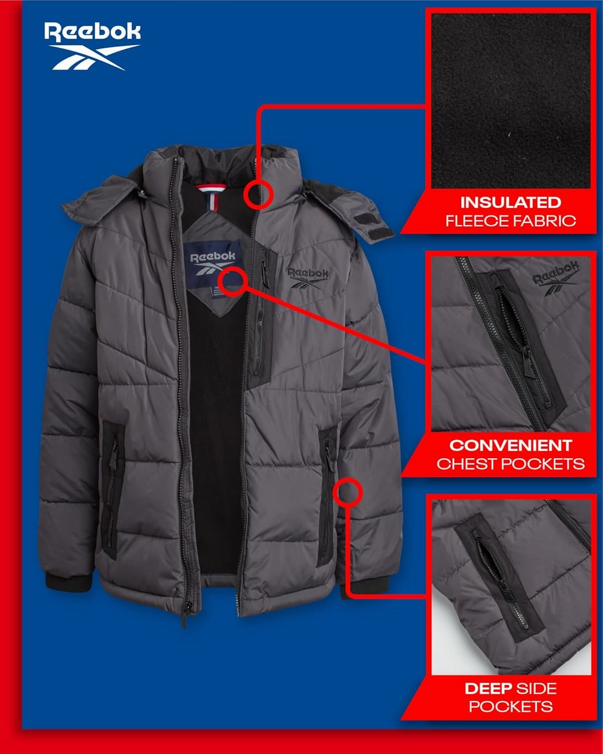 Reebok Boys Puffer Jacket - Heavyweight Weather Resistant Quilted Jacket for Boys - Fleece Insulated Winter Jackets with Hood