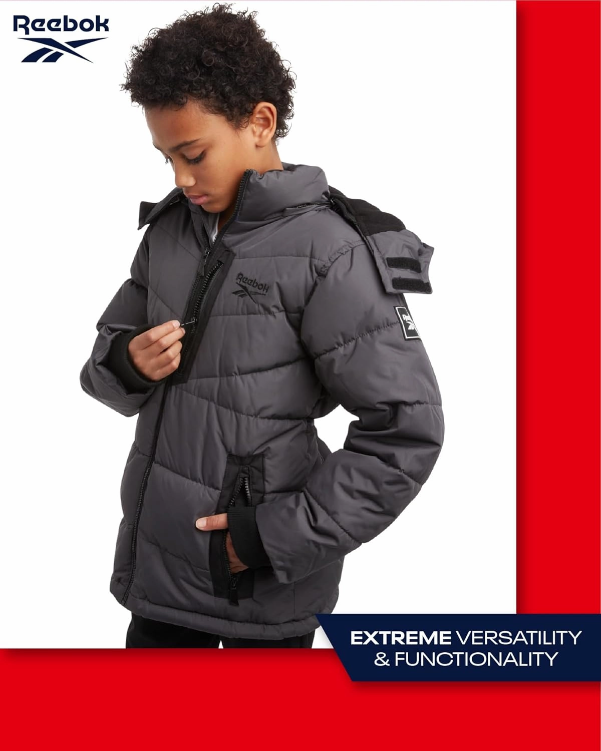 Reebok Boys Puffer Jacket - Heavyweight Weather Resistant Quilted Jacket for Boys - Fleece Insulated Winter Jackets with Hood