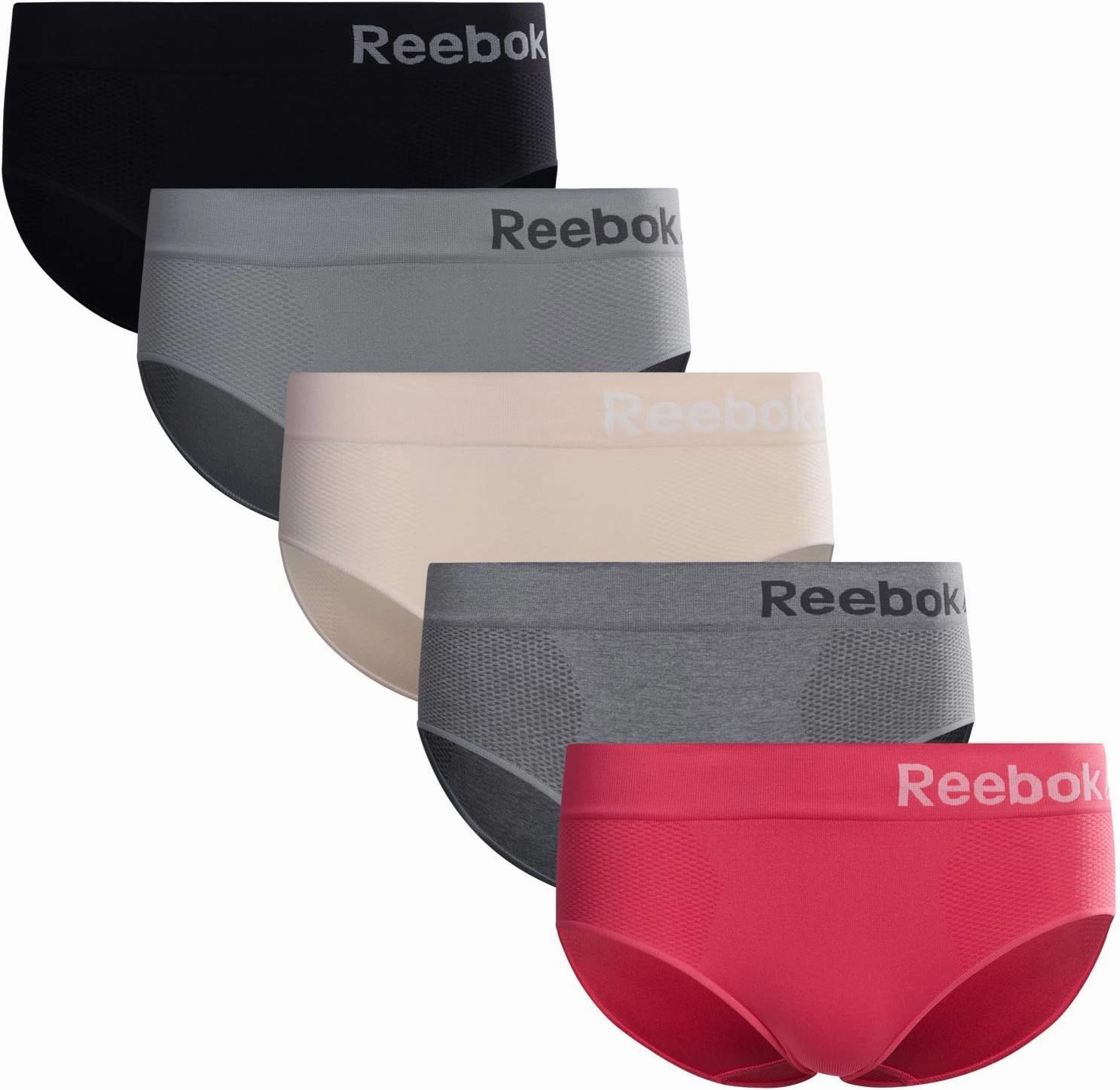 Reebok Hipster Panties for Women - 5 Pack Stretch Performance Seamless Underwear with Relaxed Tagless Waist (S-XL)