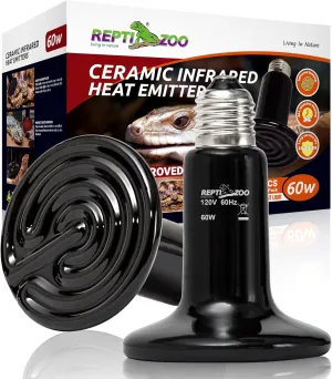 REPTI ZOO 2Pack Ceramic Heat Emitter 60W Reptile Heat Lamp Night Heat Lamp Bulbs Reptile Terrarium Heat lamp Tank Heat Bulb for Turtle Bearded Dragon Gecko Lizard Snake Chicken E26