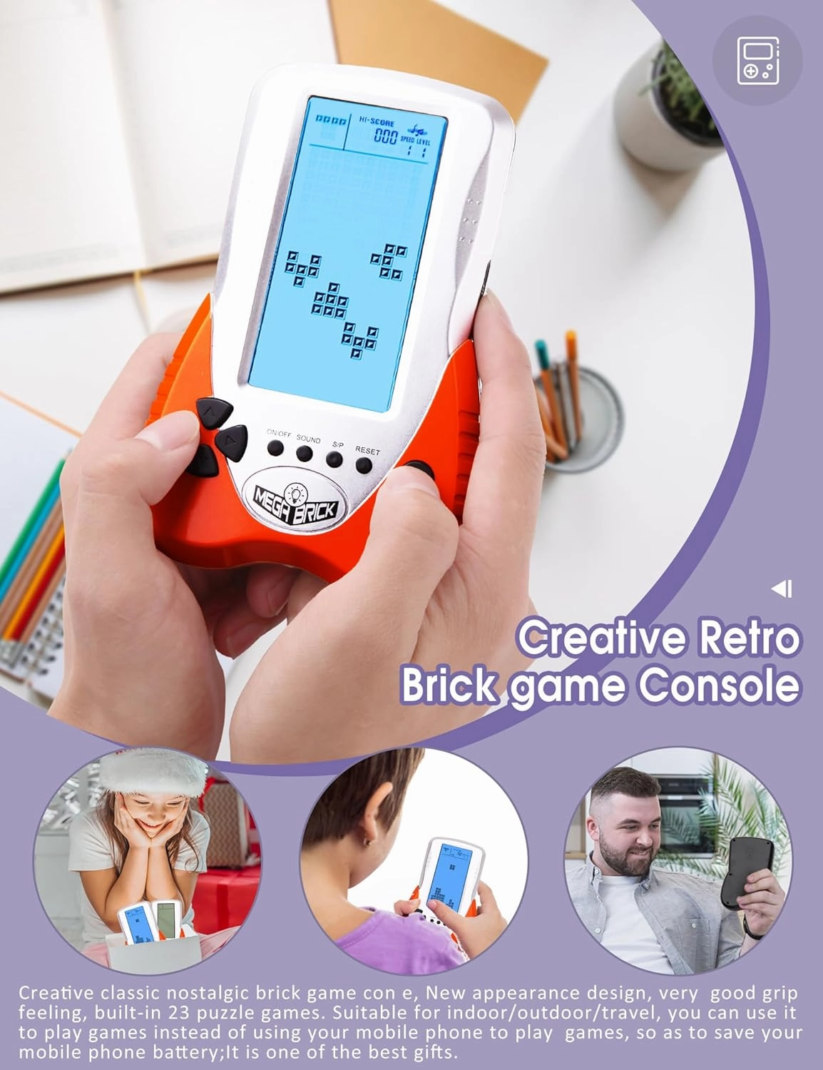 Retro Block Brick Game Console Large Screen Blue Backlight Brightness can be Adjusted Build in 23 Game Compatible with Lithium Battery/AAA Batteries can Plug in Headphone Christmas GIF(Orange)