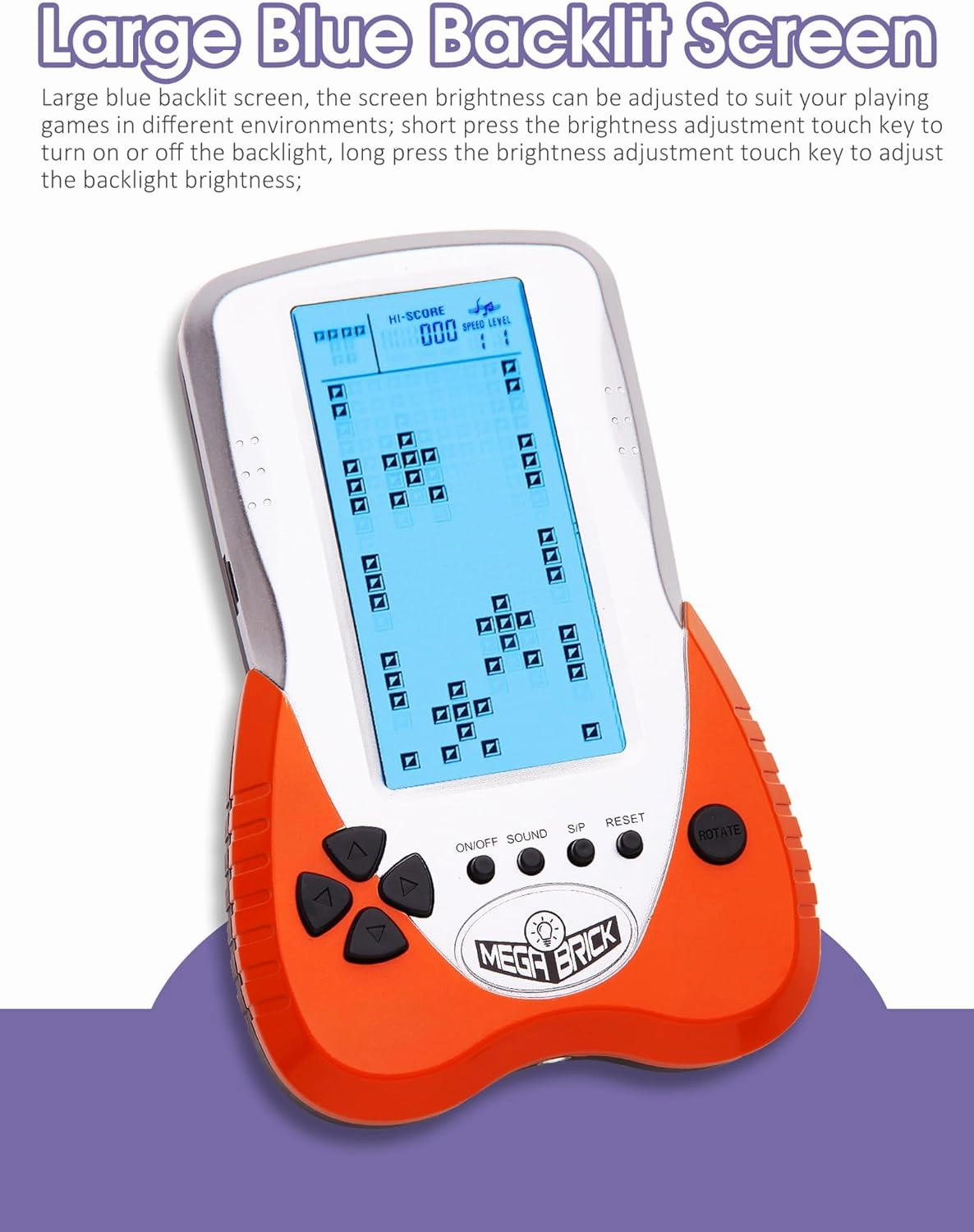 Retro Block Brick Game Console Large Screen Blue Backlight Brightness can be Adjusted Build in 23 Game Compatible with Lithium Battery/AAA Batteries can Plug in Headphone Christmas GIF(Orange)