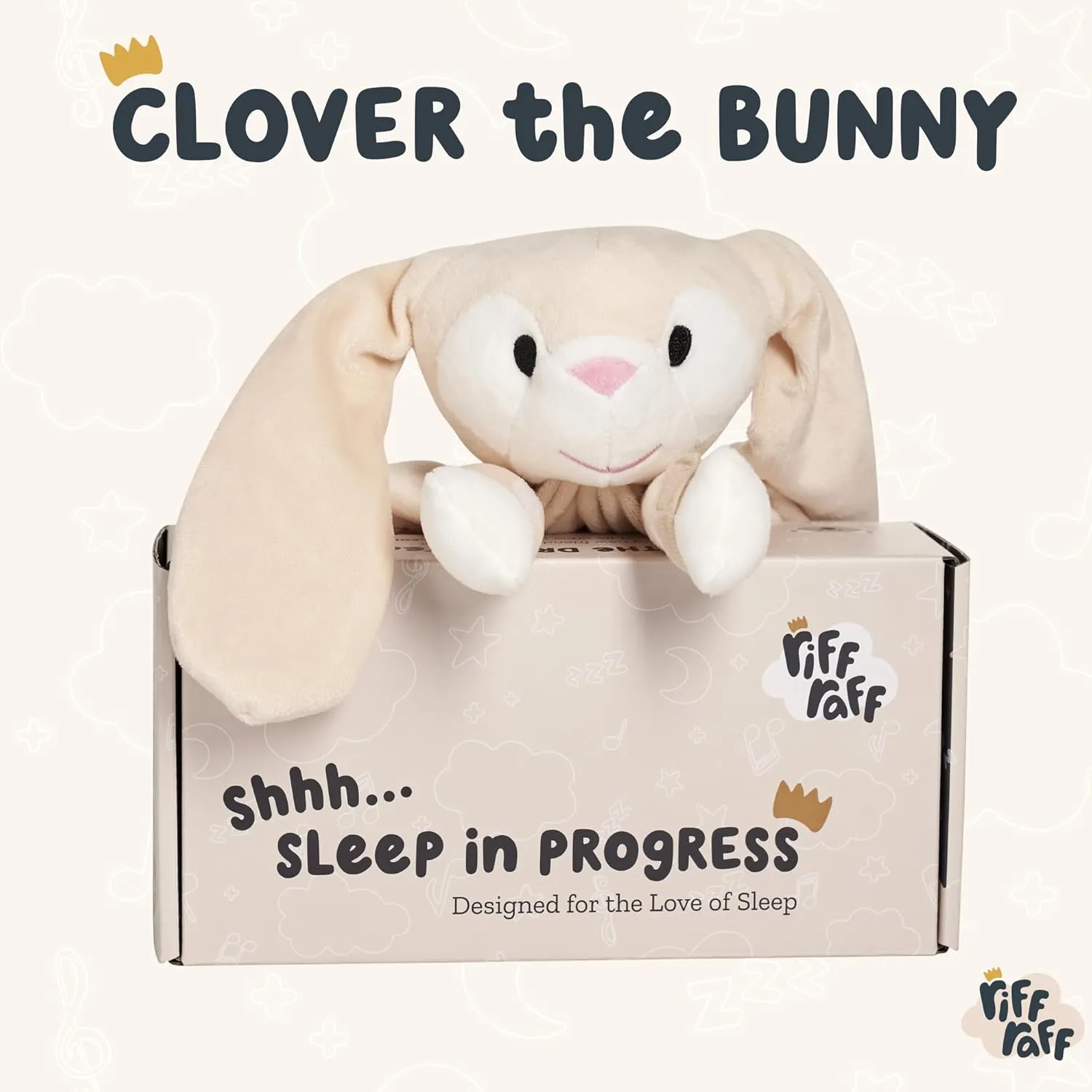 Riff Raff Sleep Soother Sleep Aid Lullaby for Newborn/Baby 0  Months, Portable White Noise Plush Sound Machine, Heartbeat & White Noise Plush, Stuffed Animals for Babies w/Velcro Strap - Bunny