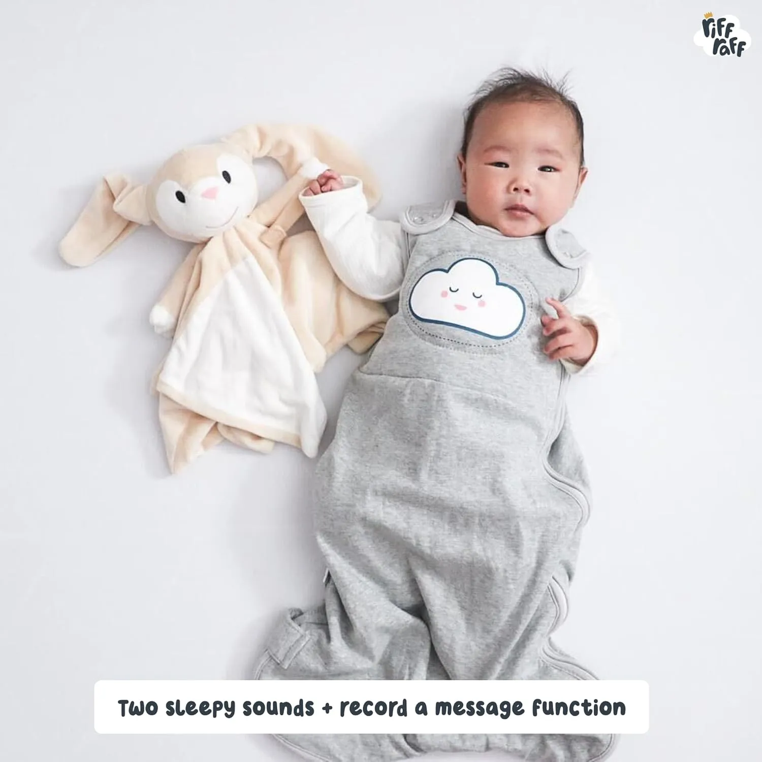 Riff Raff Sleep Soother Sleep Aid Lullaby for Newborn/Baby 0  Months, Portable White Noise Plush Sound Machine, Heartbeat & White Noise Plush, Stuffed Animals for Babies w/Velcro Strap - Bunny
