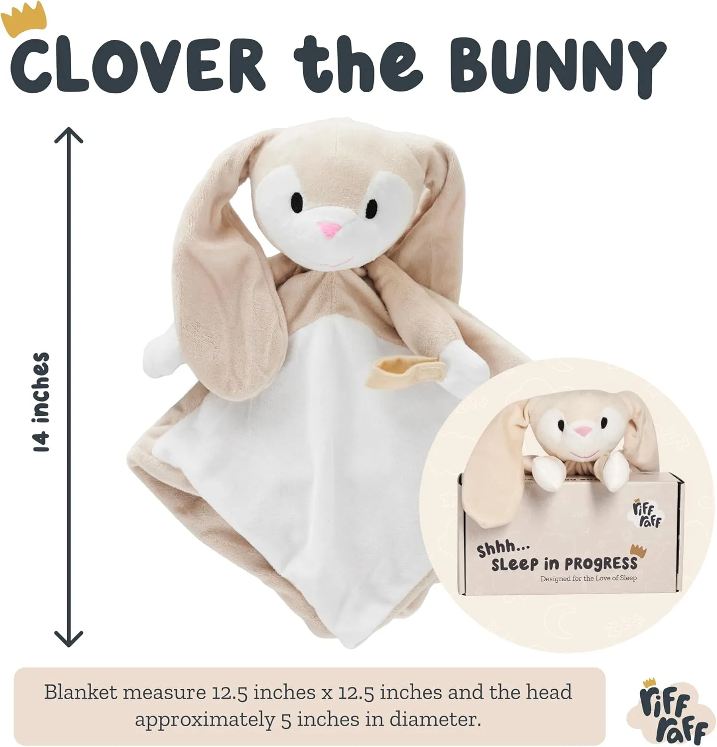 Riff Raff Sleep Soother Sleep Aid Lullaby for Newborn/Baby 0  Months, Portable White Noise Plush Sound Machine, Heartbeat & White Noise Plush, Stuffed Animals for Babies w/Velcro Strap - Bunny