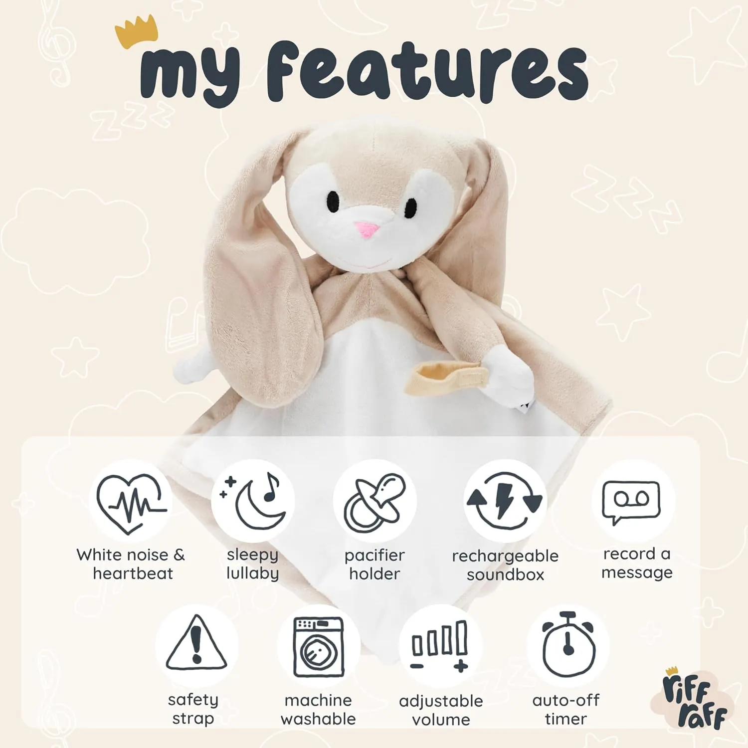 Riff Raff Sleep Soother Sleep Aid Lullaby for Newborn/Baby 0  Months, Portable White Noise Plush Sound Machine, Heartbeat & White Noise Plush, Stuffed Animals for Babies w/Velcro Strap - Bunny