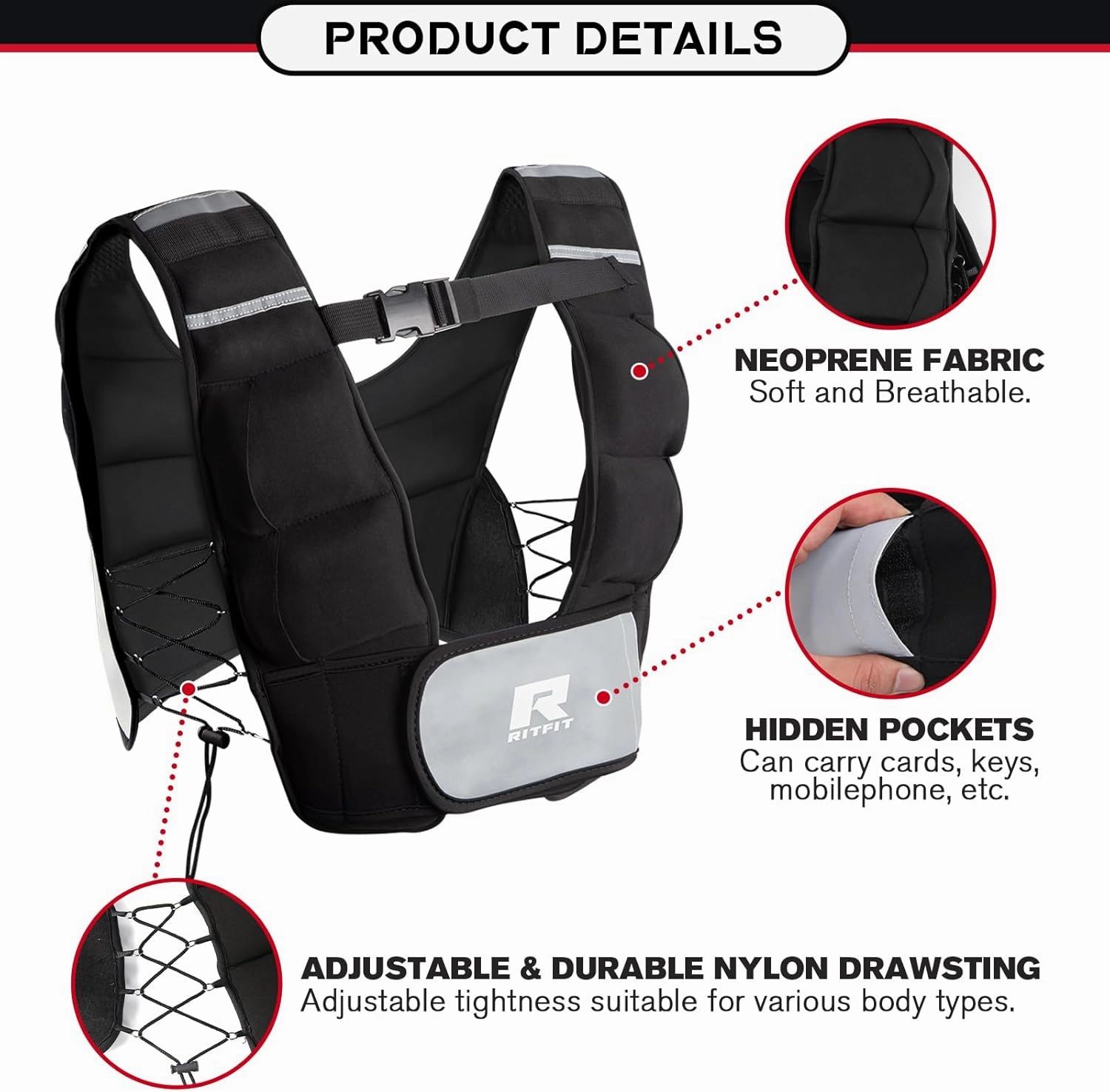 RitFit Weighted Vest 8 10 20 Lbs for Men & Women with Adjustable Straps and Reflective Strips, Body Weight Vest for Strength Training and Muscle Building, Neoprene Fabric