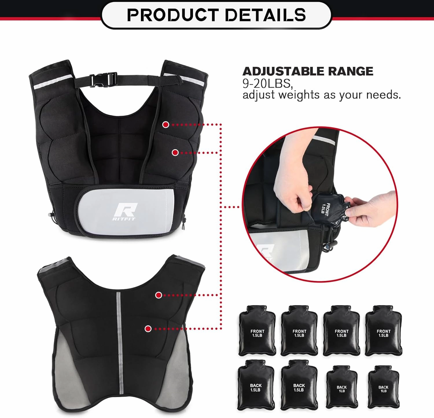 RitFit Weighted Vest 8 10 20 Lbs for Men & Women with Adjustable Straps and Reflective Strips, Body Weight Vest for Strength Training and Muscle Building, Neoprene Fabric