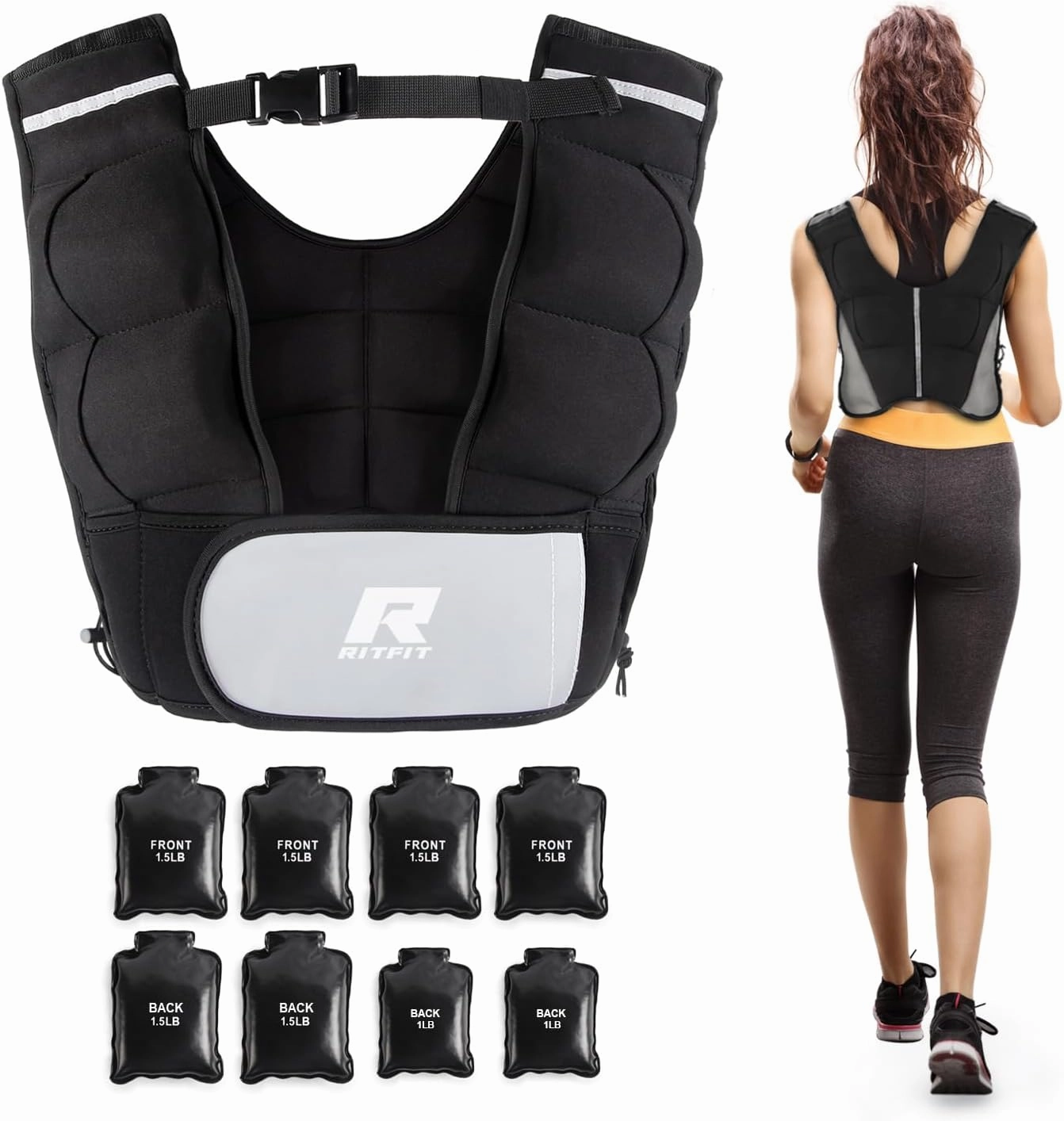 RitFit Weighted Vest 8 10 20 Lbs for Men & Women with Adjustable Straps and Reflective Strips, Body Weight Vest for Strength Training and Muscle Building, Neoprene Fabric