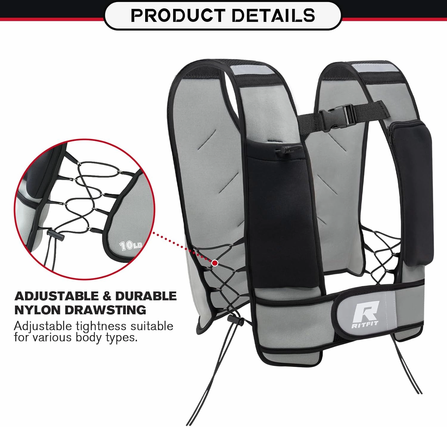RitFit Weighted Vest 8 10 20 Lbs for Men & Women with Adjustable Straps and Reflective Strips, Body Weight Vest for Strength Training and Muscle Building, Neoprene Fabric
