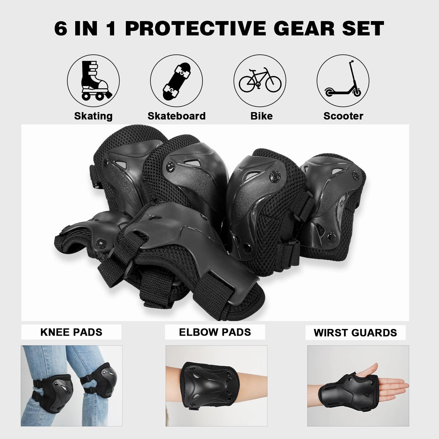 Roller Skate Pads Adult Knee And Elbow Pads For Roller Skating, Wrist Guards Skateboarding Protective Gear Adult Knee Pads For Men Women Skating Pads M