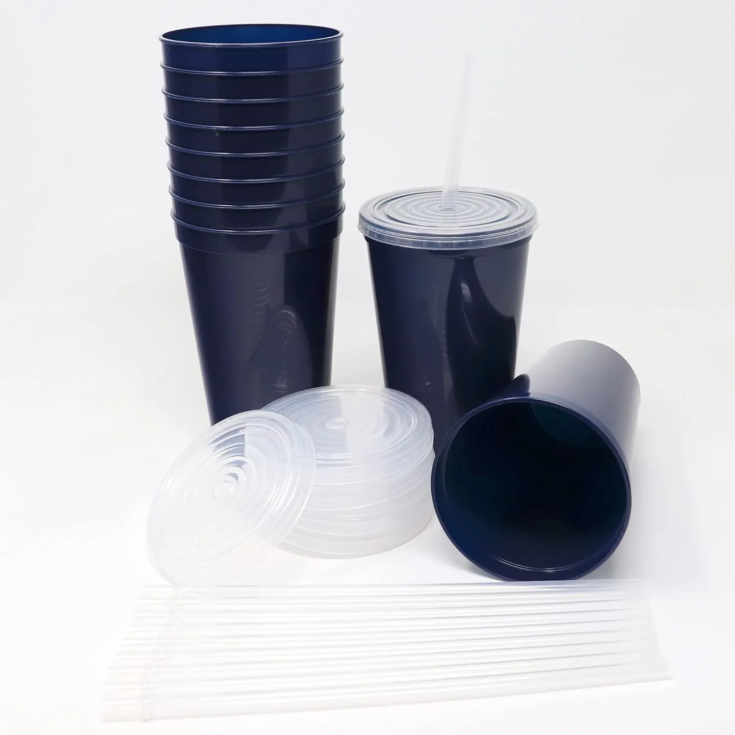 Rolling Sands Stadium Cups, 22oz Reusable Plastic, 10 Pack, Navy Blue, with Lids & Straws, Made in USA, BPA Free, Dishwasher Safe