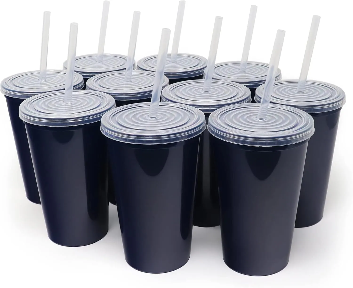 Rolling Sands Stadium Cups, 22oz Reusable Plastic, 10 Pack, Navy Blue, with Lids & Straws, Made in USA, BPA Free, Dishwasher Safe