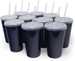 Rolling Sands Stadium Cups, 22oz Reusable Plastic, 10 Pack, Navy Blue, with Lids & Straws, Made in USA, BPA Free, Dishwasher Safe
