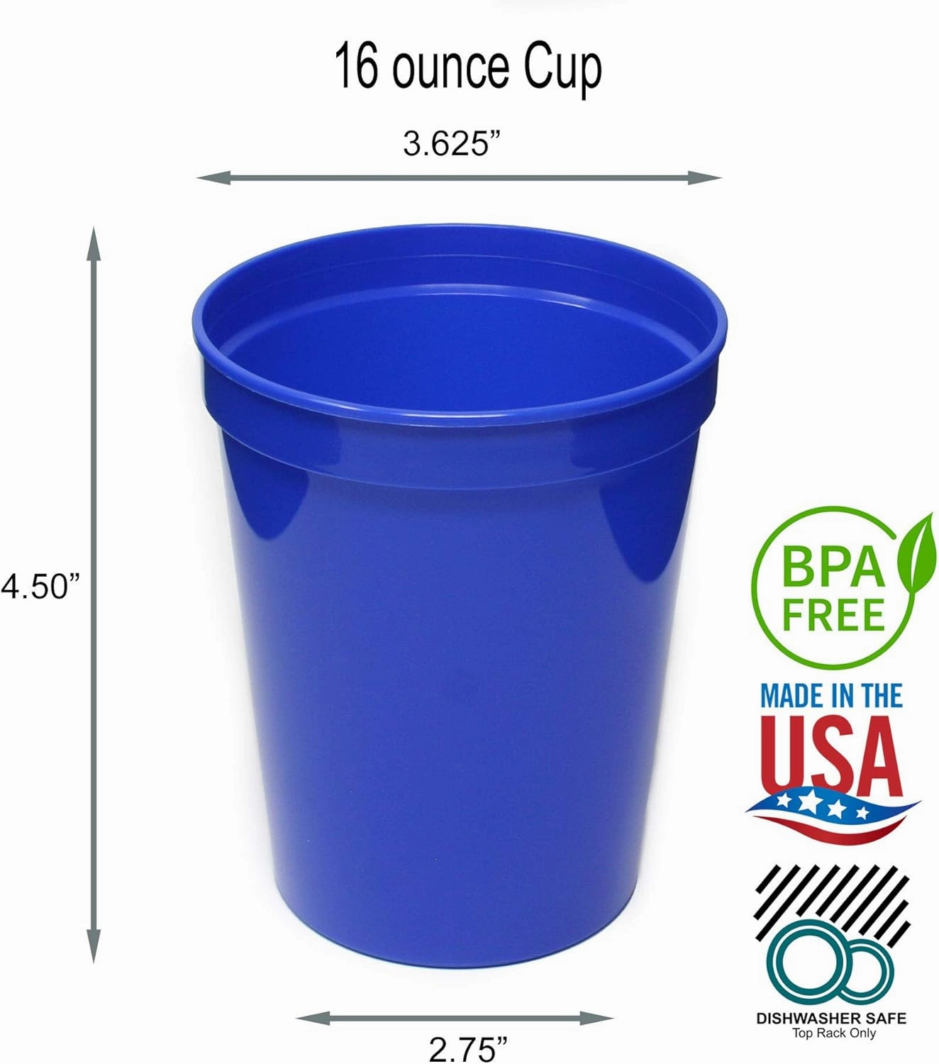 Rolling Sands 16 Oz Reusable Plastic Stadium Cups, Bulk 50 Pk, USA Made, BPA-Free Dishwasher Safe Plastic Tumblers, Blue