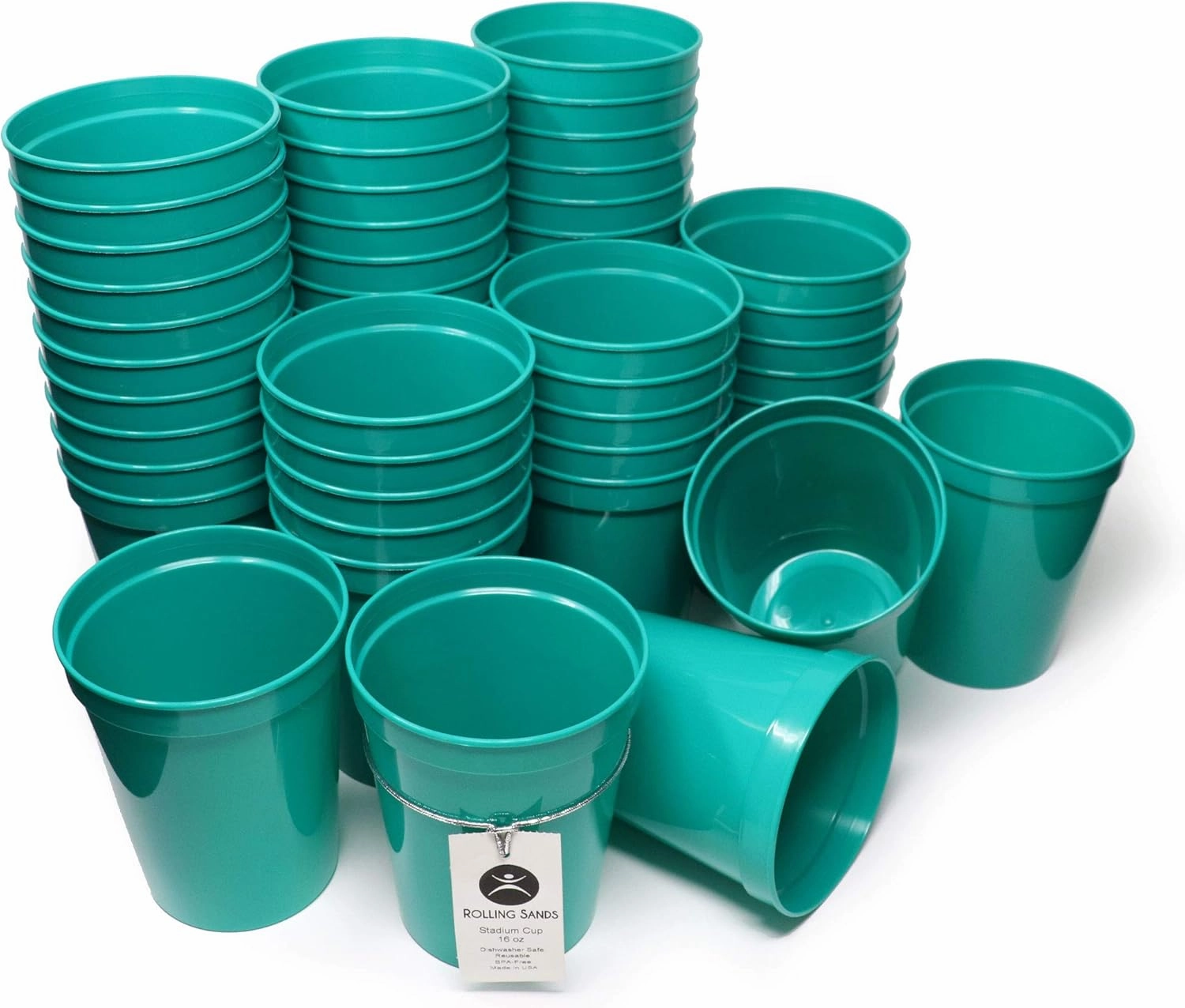 Rolling Sands 16 Oz Reusable Plastic Stadium Cups, Bulk 50 Pk, USA Made, BPA-Free Dishwasher Safe Plastic Tumblers, Teal