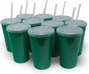Rolling Sands 22 oz Reusable Plastic Cups with Lids, 10 Pack, USA Made Green Tumblers; Includes 10 Reusable Straws; Dishwasher Safe