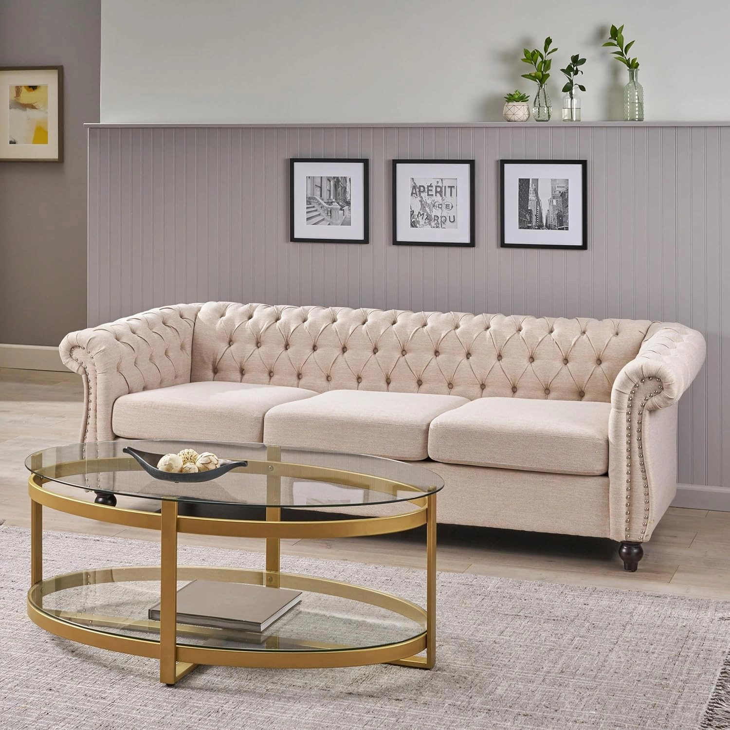 roomfitters Elegant Chesterfield Sofa with Fabric Upholstery and Turned Legs, Luxurious Sofa for Living Room and Bedroom, Beige Fabric