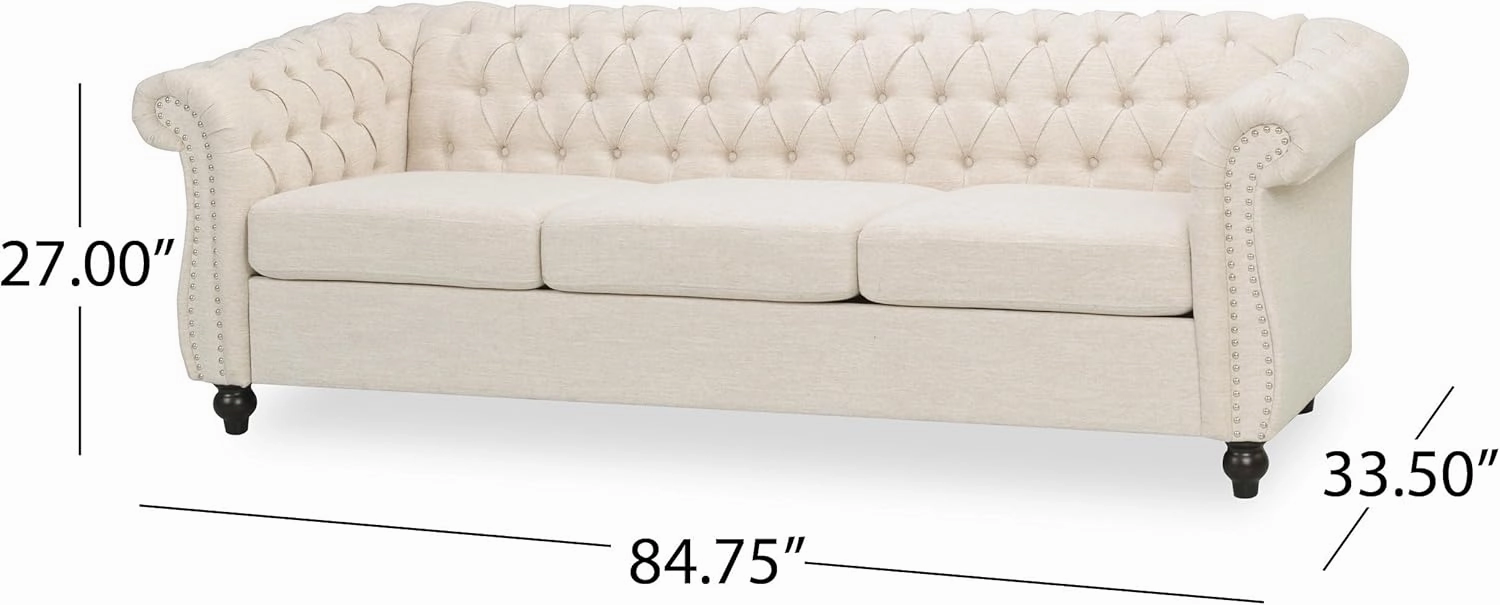 roomfitters Elegant Chesterfield Sofa with Fabric Upholstery and Turned Legs, Luxurious Sofa for Living Room and Bedroom, Beige Fabric