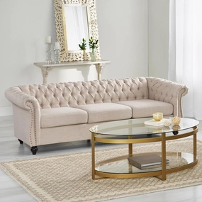 roomfitters Elegant Chesterfield Sofa with Fabric Upholstery and Turned Legs, Luxurious Sofa for Living Room and Bedroom, Beige Fabric