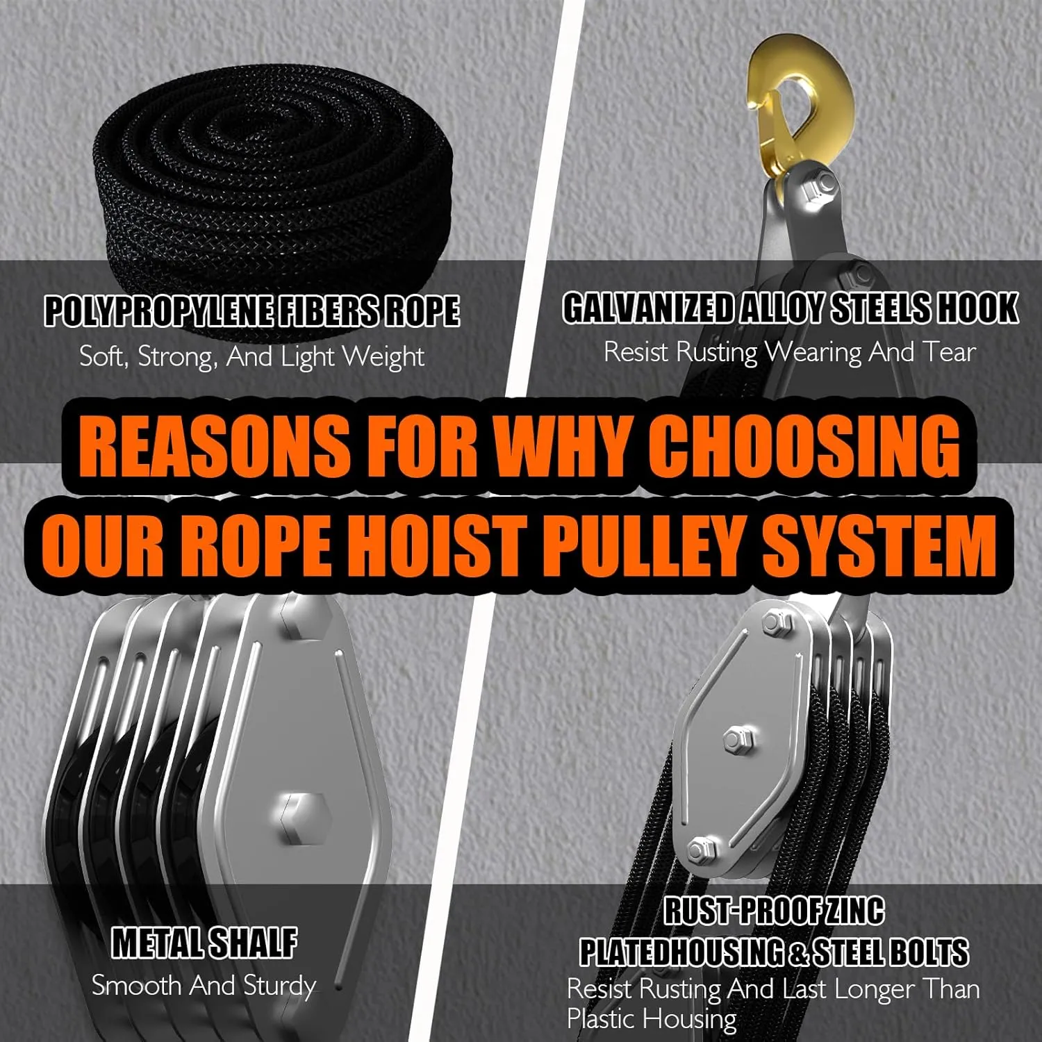 Rope Hoist Pulley System, 4400LB Pulley Block and Tackle, 8:1 Ratio Lifting Power 65ft, Heavy Duty Pulley Block for Hunting Lifting Heavy Objects Garage Warehouses Building