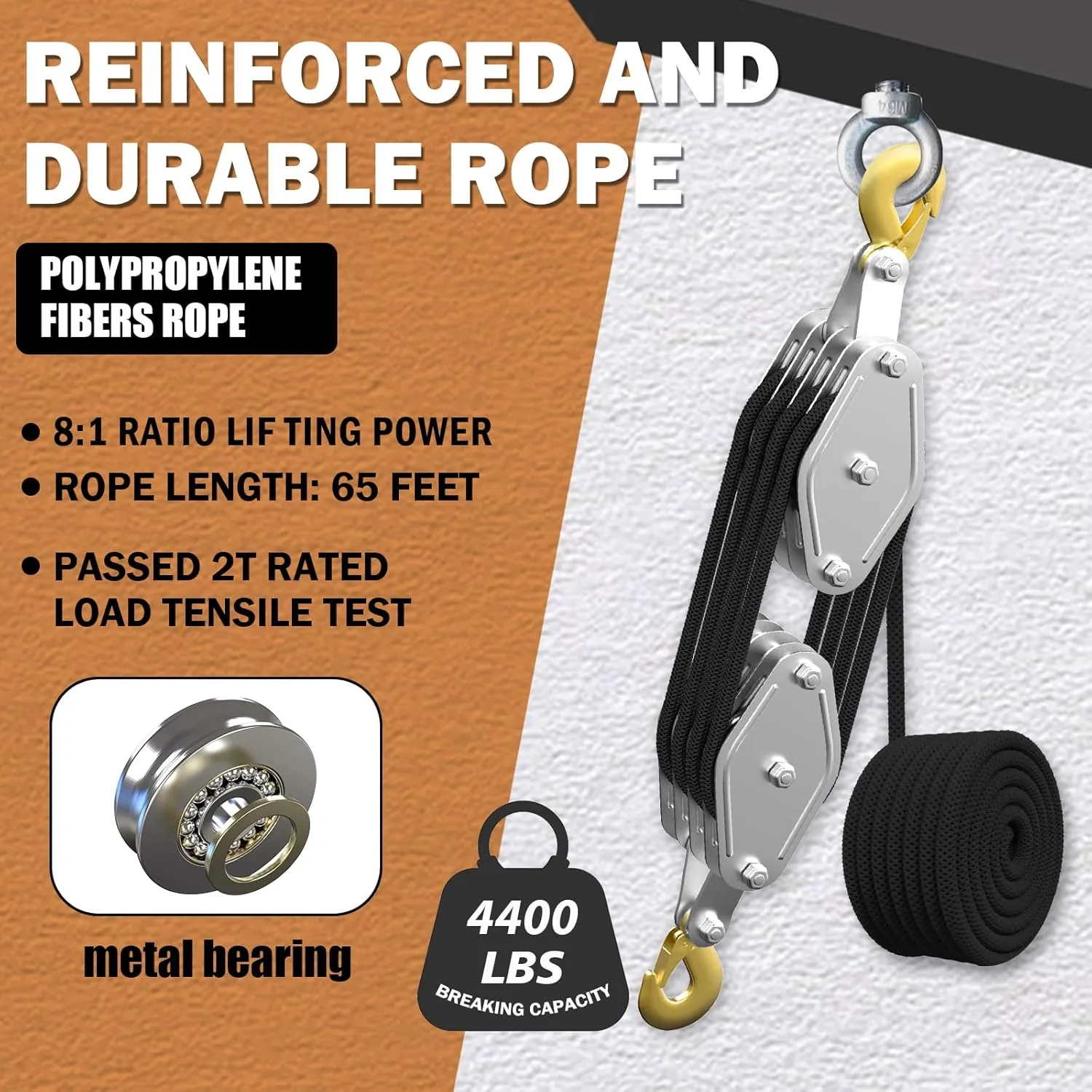 Rope Hoist Pulley System, 4400LB Pulley Block and Tackle, 8:1 Ratio Lifting Power 65ft, Heavy Duty Pulley Block for Hunting Lifting Heavy Objects Garage Warehouses Building