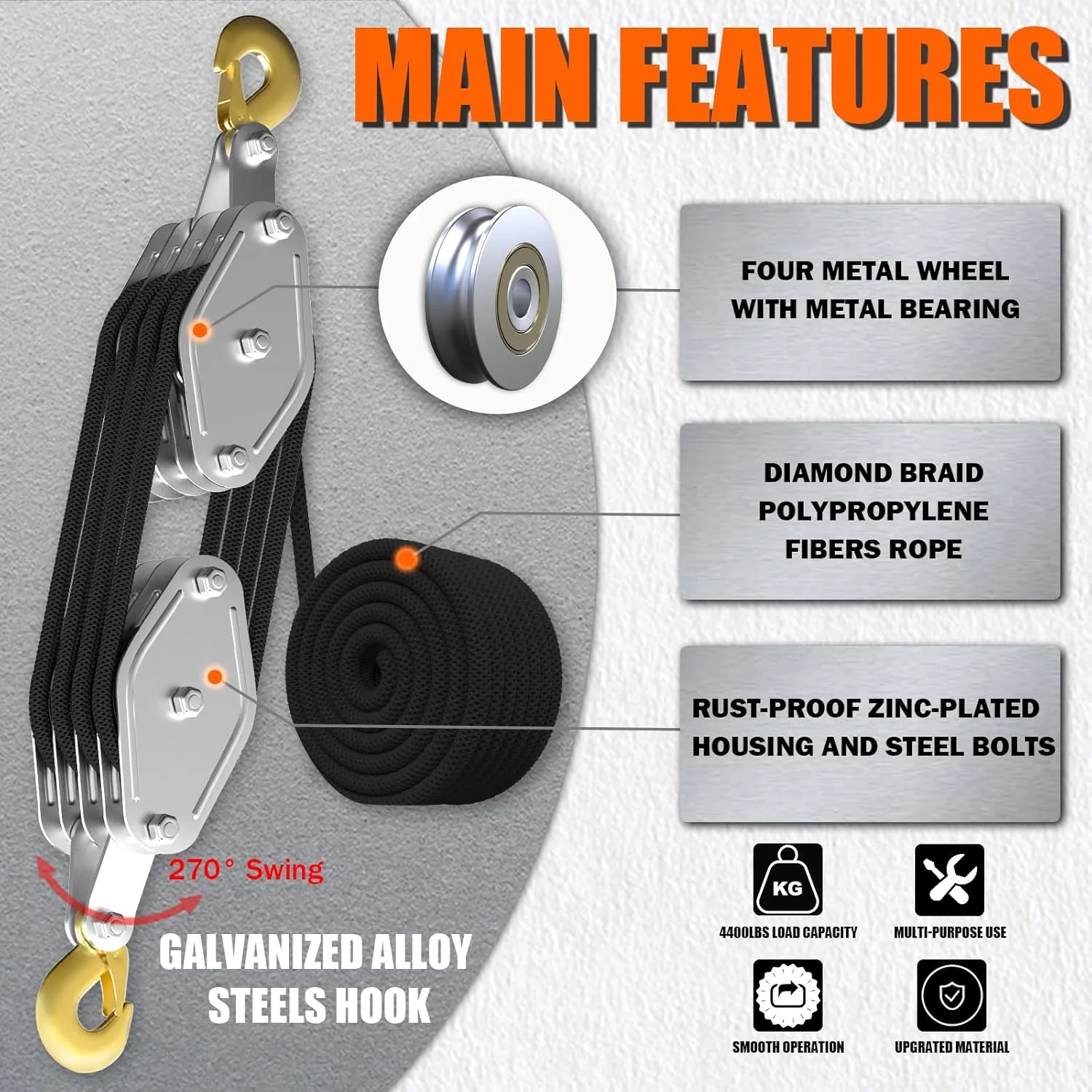 Rope Hoist Pulley System, 4400LB Pulley Block and Tackle, 8:1 Ratio Lifting Power 65ft, Heavy Duty Pulley Block for Hunting Lifting Heavy Objects Garage Warehouses Building
