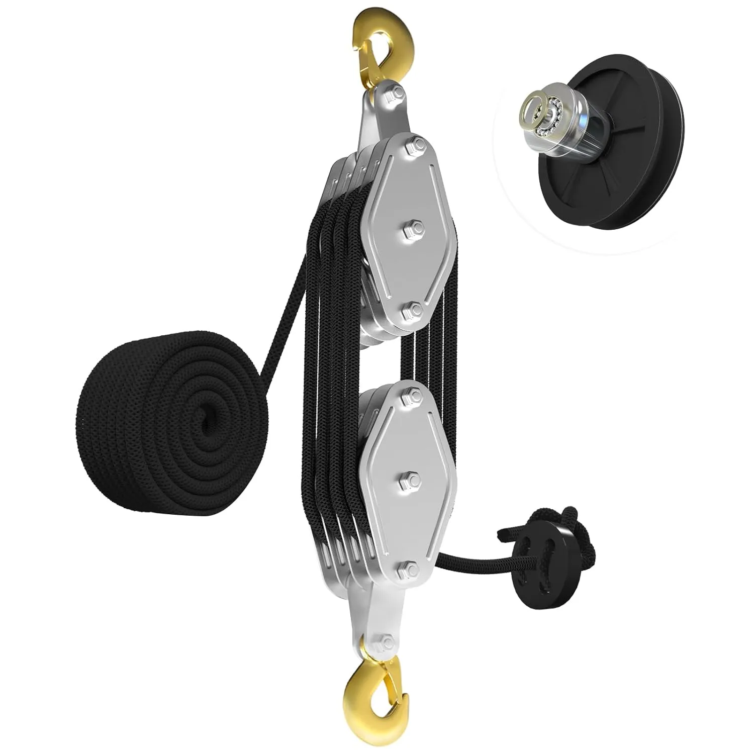 Rope Hoist Pulley System, 4400LB Pulley Block and Tackle, 8:1 Ratio Lifting Power 65ft, Heavy Duty Pulley Block for Hunting Lifting Heavy Objects Garage Warehouses Building