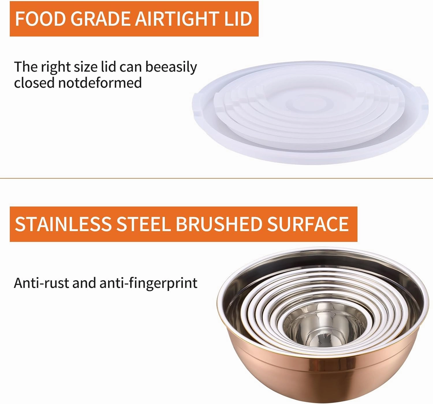 Rose Gold Mixing Bowls with Airtight Lids, Stainless Steel Nesting Mixing Bowls Set of 7, Ideal for Baking, Prepping and Serving Food, Size 7, 3.6, 2.7, 2.1, 1.5, 1.1,0.8 QT, Stackable Design