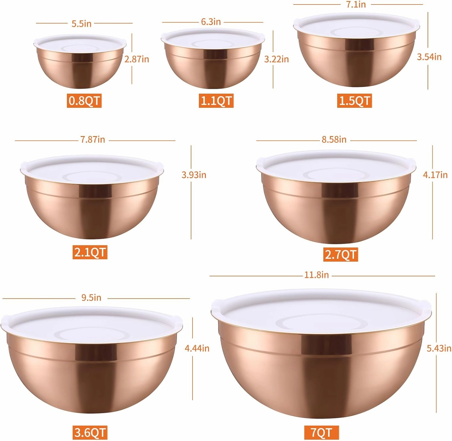 Rose Gold Mixing Bowls with Airtight Lids, Stainless Steel Nesting Mixing Bowls Set of 7, Ideal for Baking, Prepping and Serving Food, Size 7, 3.6, 2.7, 2.1, 1.5, 1.1,0.8 QT, Stackable Design