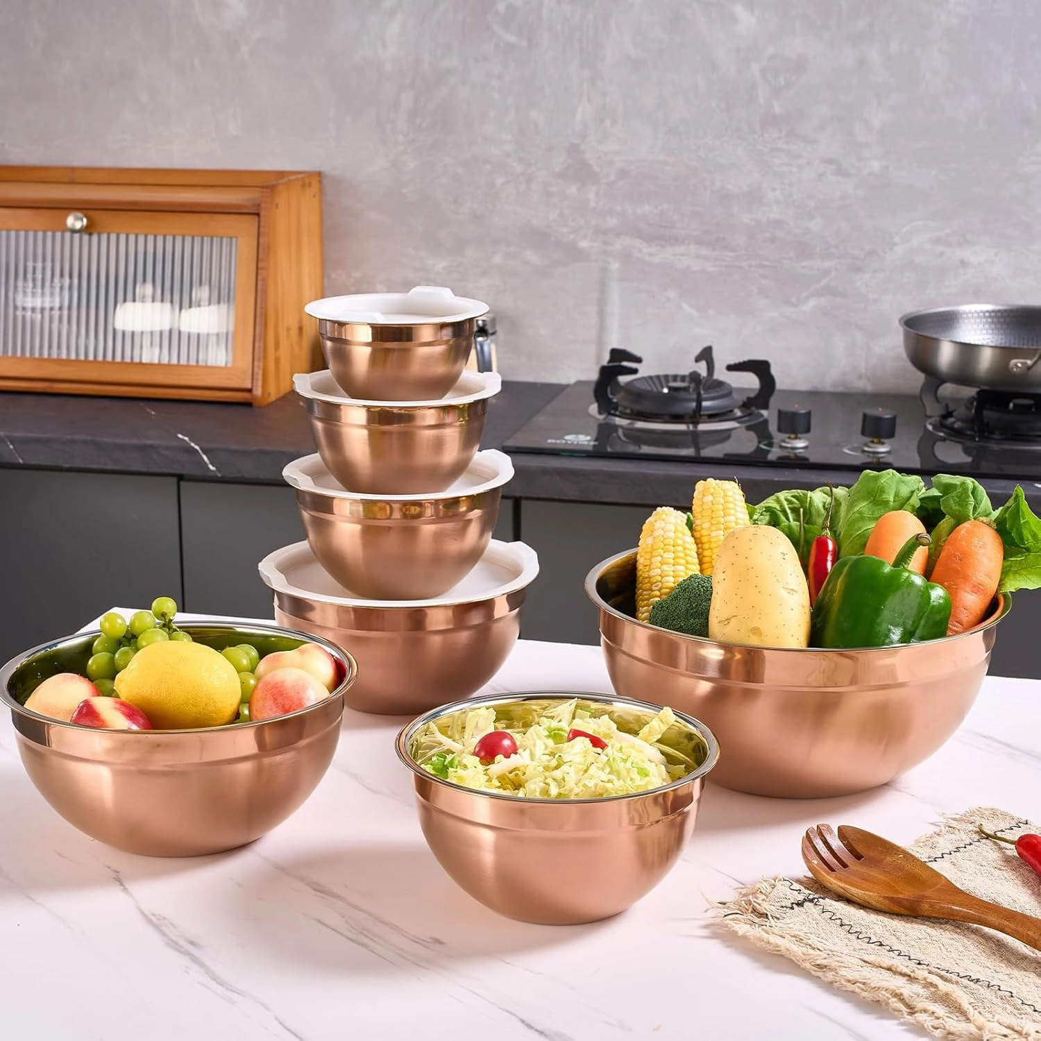 Rose Gold Mixing Bowls with Airtight Lids, Stainless Steel Nesting Mixing Bowls Set of 7, Ideal for Baking, Prepping and Serving Food, Size 7, 3.6, 2.7, 2.1, 1.5, 1.1,0.8 QT, Stackable Design