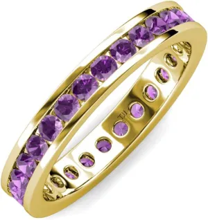 Round Amethyst 0.88-0.95 ctw Channel Set Women Eternity Ring Stackable 14K Yellow Gold-5.0