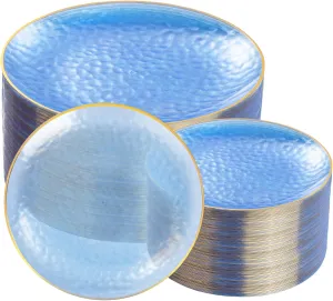 Rubtlamp 100Pcs Blue Gold Plastic Plates, Blue Disposable Plates With Gold Rim, Hammered Plastic Plates Include 50 Dessert Platos, 50 Dinner Platos for Party