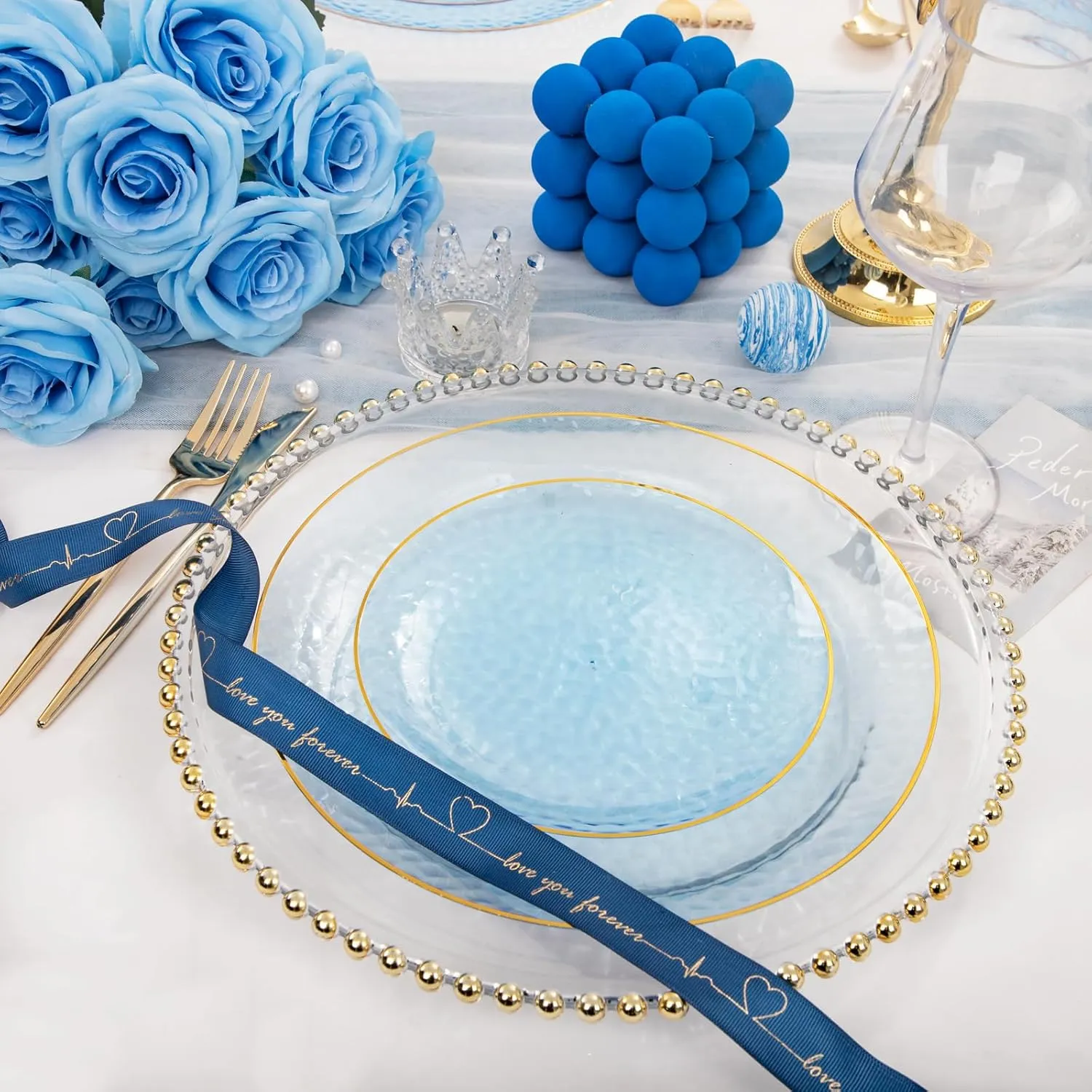 Rubtlamp 100Pcs Blue Gold Plastic Plates, Blue Disposable Plates With Gold Rim, Hammered Plastic Plates Include 50 Dessert Platos, 50 Dinner Platos for Party