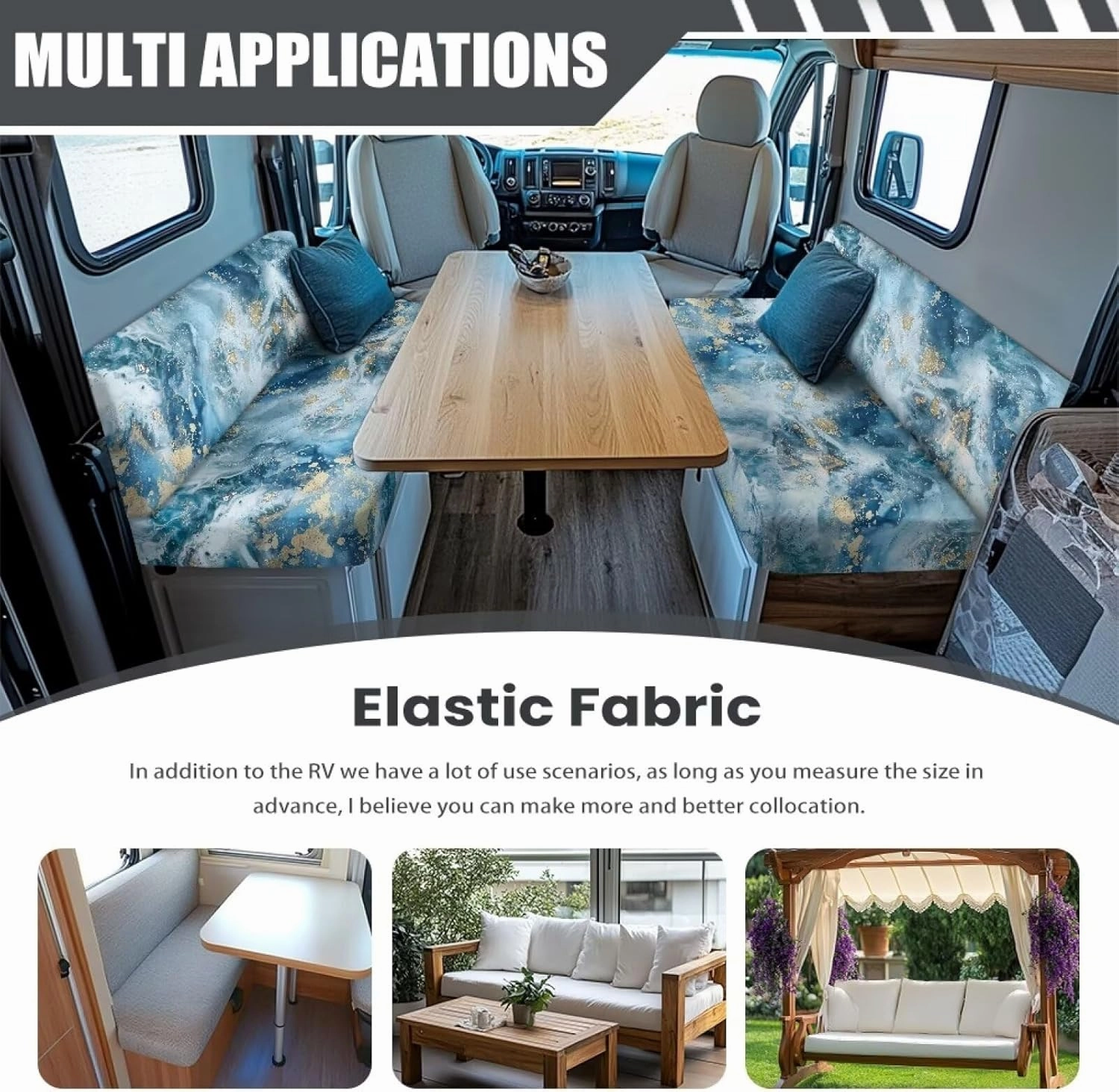 RV Cushion Covers Dinette Booth Seats Blue Marble Print Camper Cushion Covers Couch Cover 2 Cushion Slipcovers RV Sofa Cover No Arm RV Bench Seat Covers for Dinette