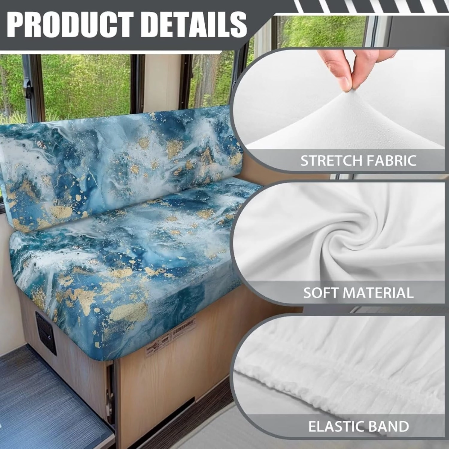 RV Cushion Covers Dinette Booth Seats Blue Marble Print Camper Cushion Covers Couch Cover 2 Cushion Slipcovers RV Sofa Cover No Arm RV Bench Seat Covers for Dinette