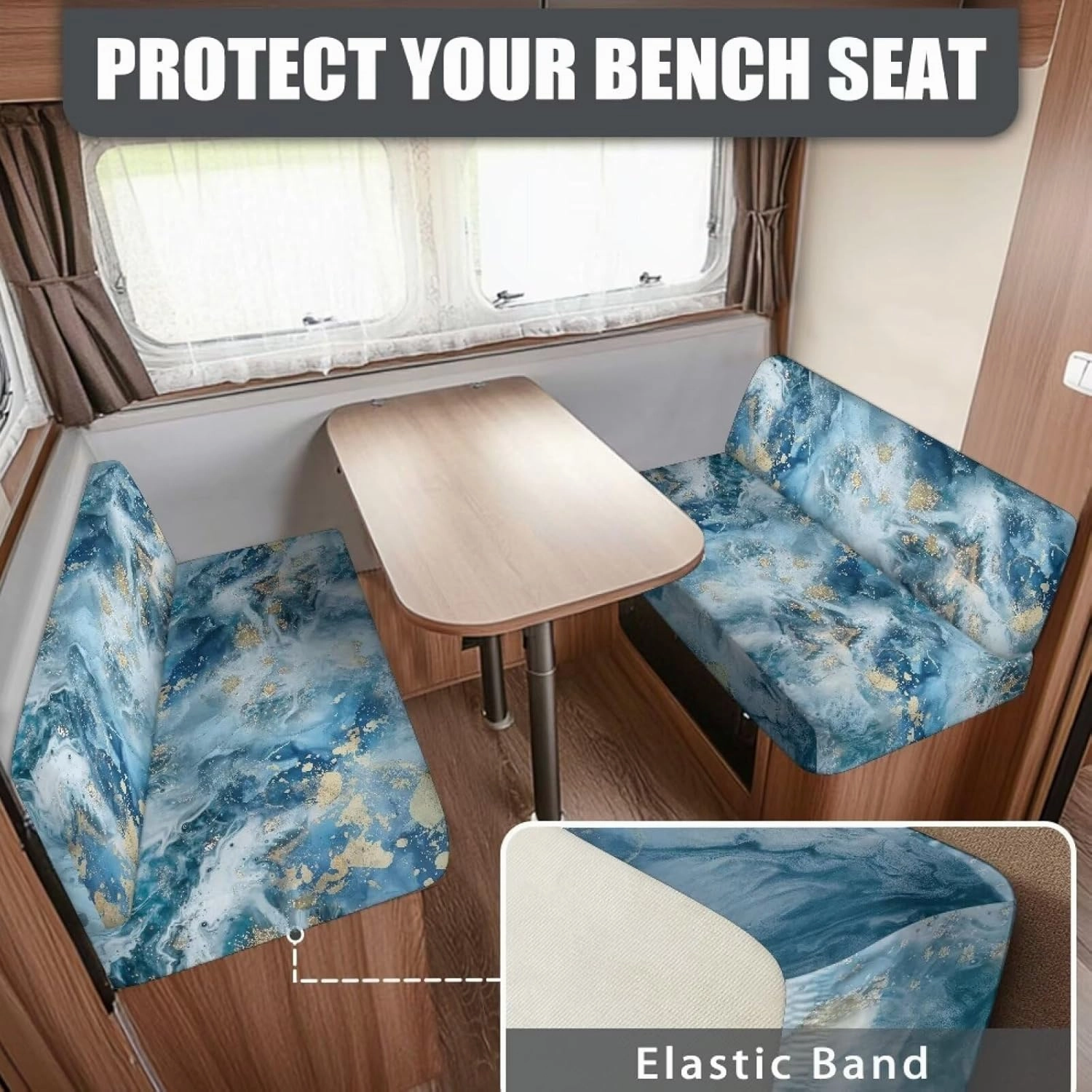 RV Cushion Covers Dinette Booth Seats Blue Marble Print Camper Cushion Covers Couch Cover 2 Cushion Slipcovers RV Sofa Cover No Arm RV Bench Seat Covers for Dinette