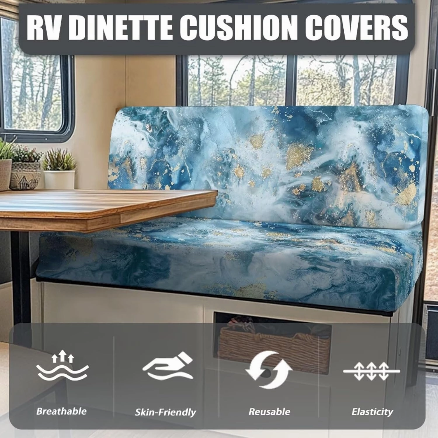 RV Cushion Covers Dinette Booth Seats Blue Marble Print Camper Cushion Covers Couch Cover 2 Cushion Slipcovers RV Sofa Cover No Arm RV Bench Seat Covers for Dinette
