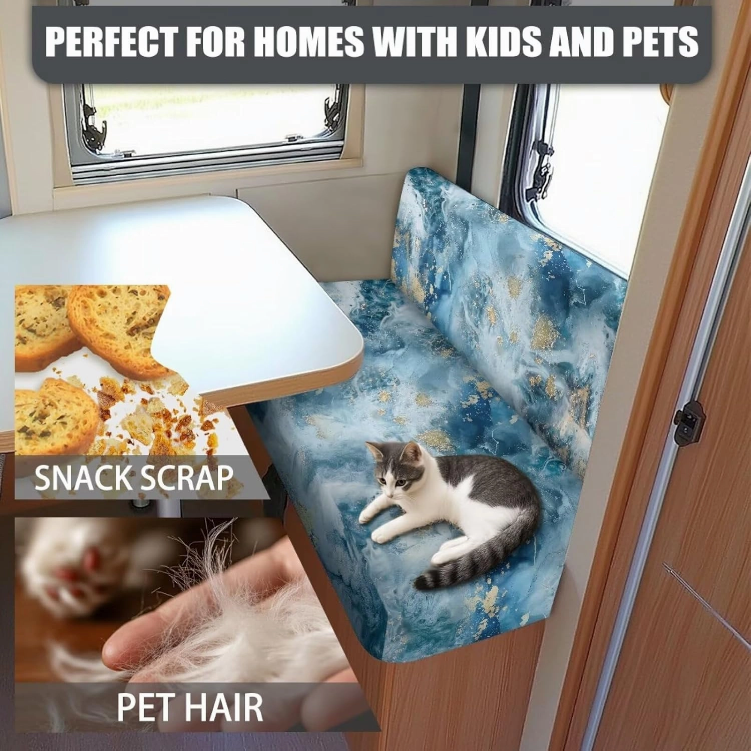 RV Cushion Covers Dinette Booth Seats Blue Marble Print Camper Cushion Covers Couch Cover 2 Cushion Slipcovers RV Sofa Cover No Arm RV Bench Seat Covers for Dinette