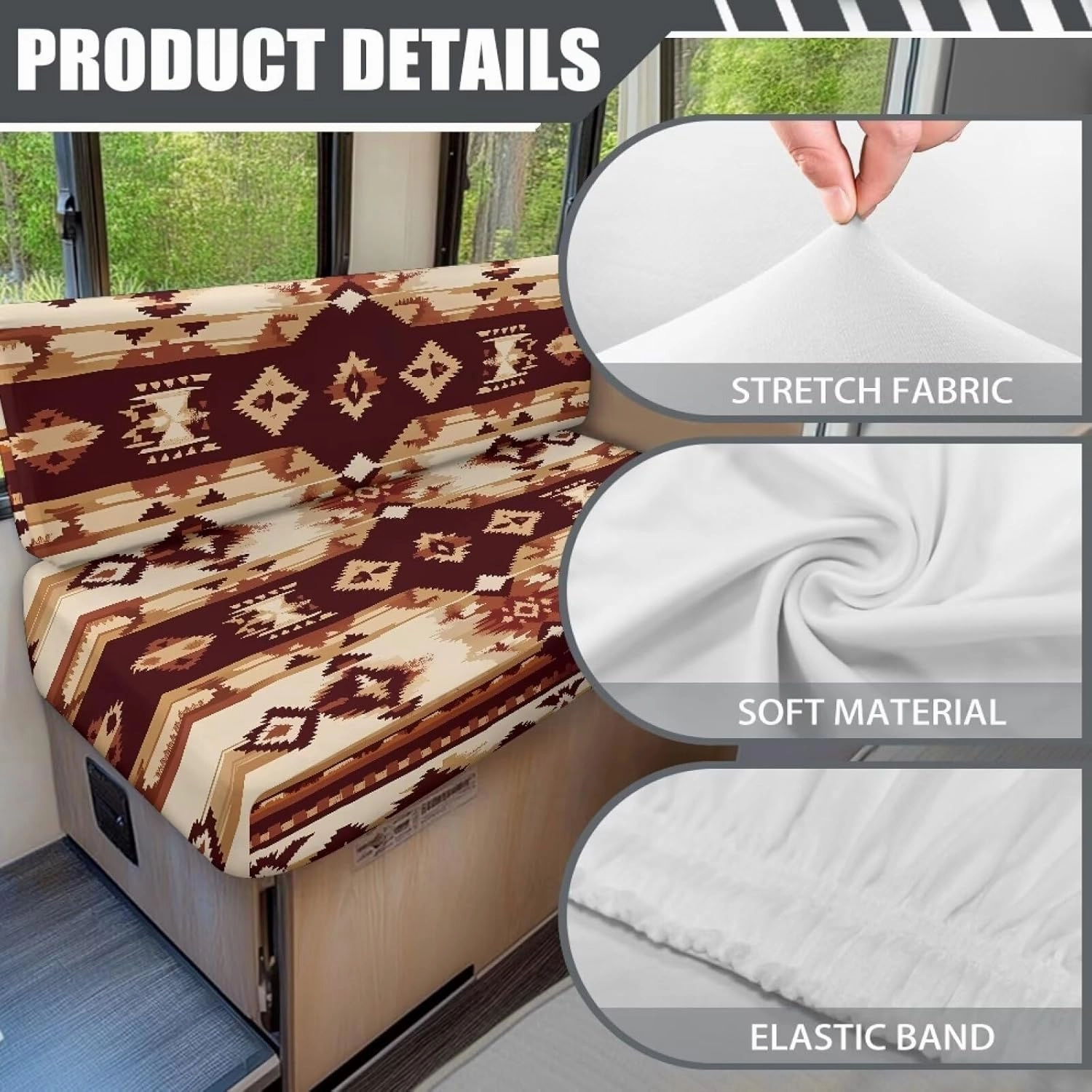 RV Dinette Cushion Covers Brown Aztec Print Camper Cushion Covers Dinette Booth Set Washable RV Couch Covers for Sofa Bed 2 Cushion RV Seat Covers Dinette Cushions Replacement