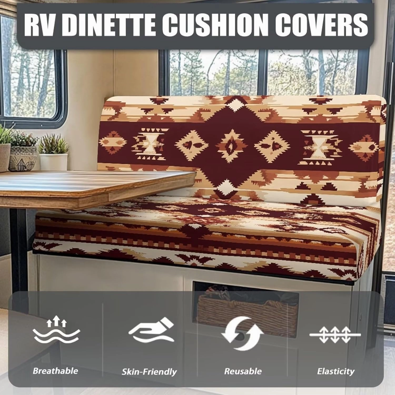 RV Dinette Cushion Covers Brown Aztec Print Camper Cushion Covers Dinette Booth Set Washable RV Couch Covers for Sofa Bed 2 Cushion RV Seat Covers Dinette Cushions Replacement