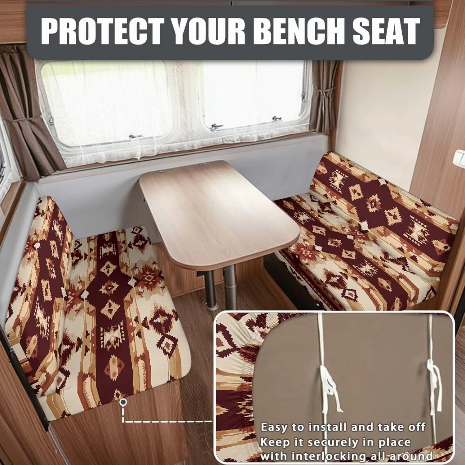 RV Dinette Cushion Covers Brown Aztec Print Camper Cushion Covers Dinette Booth Set Washable RV Couch Covers for Sofa Bed 2 Cushion RV Seat Covers Dinette Cushions Replacement