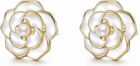 S925 Sterling Silver Dainty Rose Flower Stud Earrings with Freshwater Cultured White Pearl Hypoallergenic Stud Earrings Fashion Jewelry Gift for Women & Teen Girls