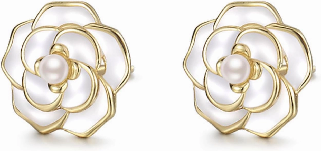 S925 Sterling Silver Dainty Rose Flower Stud Earrings with Freshwater Cultured White Pearl Hypoallergenic Stud Earrings Fashion Jewelry Gift for Women & Teen Girls