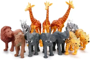 Safari Animals Figures, 12 Piece Jungle Zoo Animals Toys with Realistic African Animal Elephant, Giraffe, Lion for Toddlers, Kids Birthday