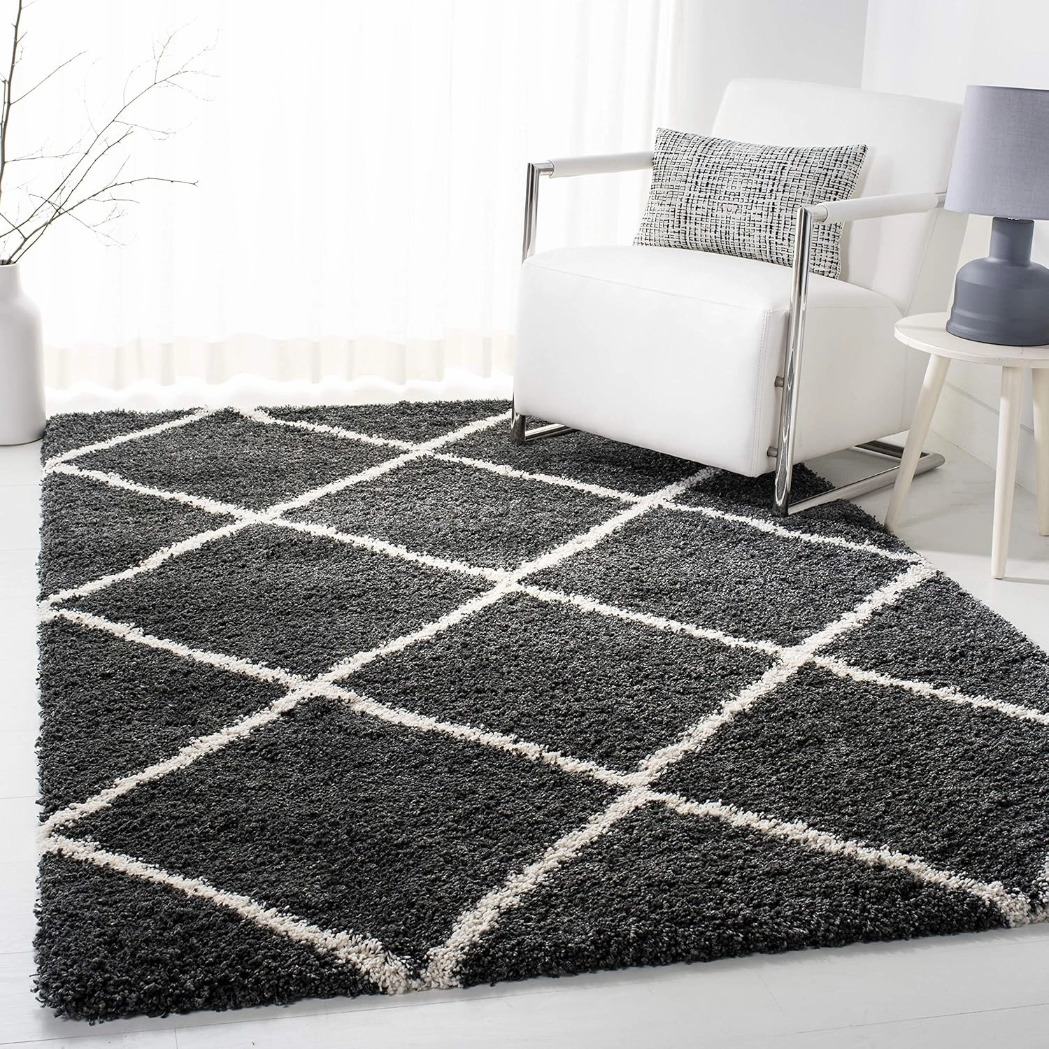 SAFAVIEH Hudson Shag Collection Area Rug - 8' x 10', Dark Grey & Ivory, Modern Trellis Design, Non-Shedding & Easy Care, 2-inch Thick Ideal for High Traffic Areas in Living Room, Bedroom (SGH281G)