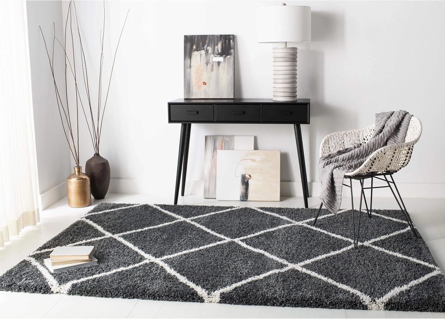 SAFAVIEH Hudson Shag Collection Area Rug - 8' x 10', Dark Grey & Ivory, Modern Trellis Design, Non-Shedding & Easy Care, 2-inch Thick Ideal for High Traffic Areas in Living Room, Bedroom (SGH281G)